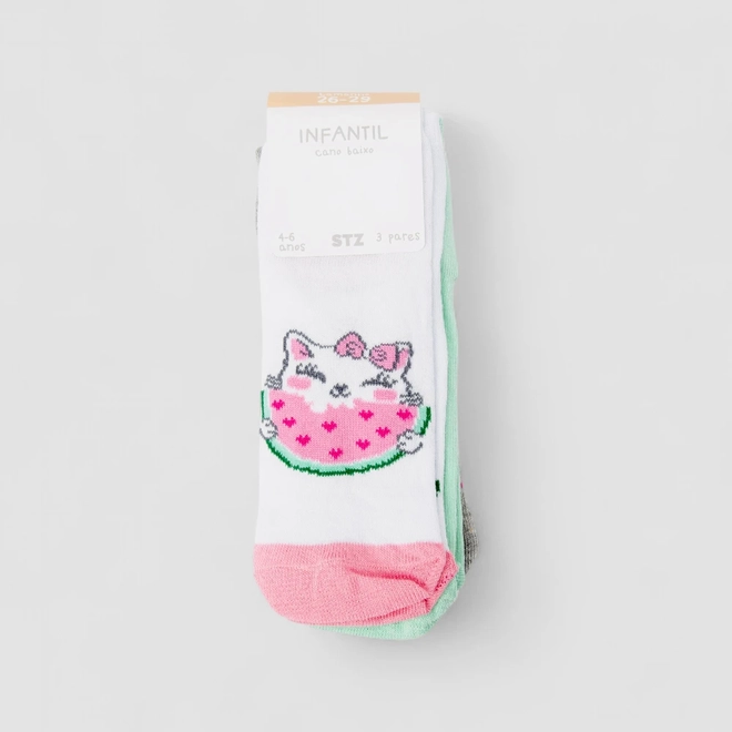 Kit Meia Infantil STZ Cano Baixo Gato Melancia 3 Pares 4-6 Anos Multicolor