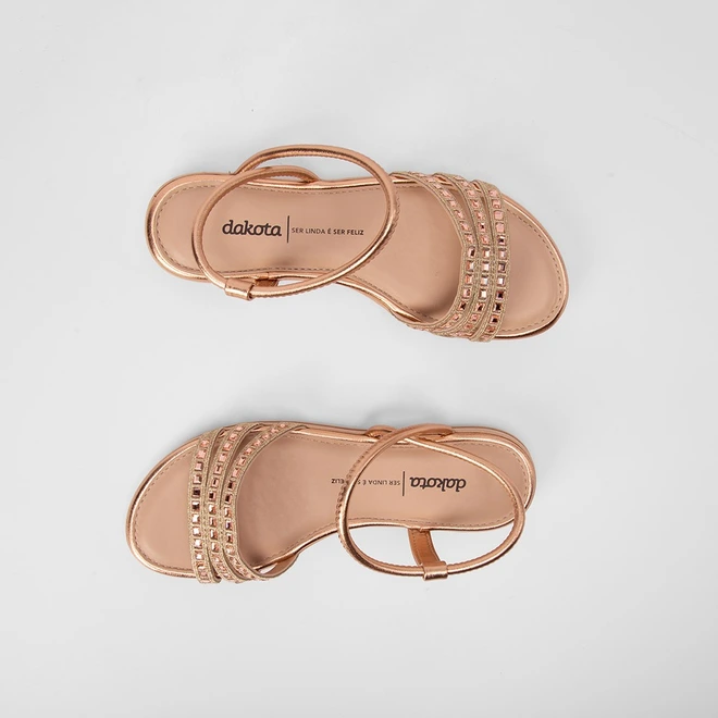 Sandália Dakota Tiras Detalhadas Pedraria Rose Gold