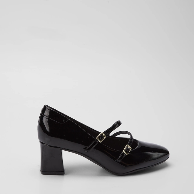 Scarpin Boneca Beira Rio Salto Grosso Fivelas Verniz Preto
