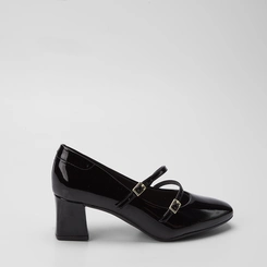 Scarpin Boneca Feminino Beira Rio Salto Grosso Fivelas Verniz Preto