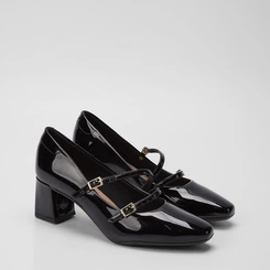 Scarpin Boneca Feminino Beira Rio Salto Grosso Fivelas Verniz Preto