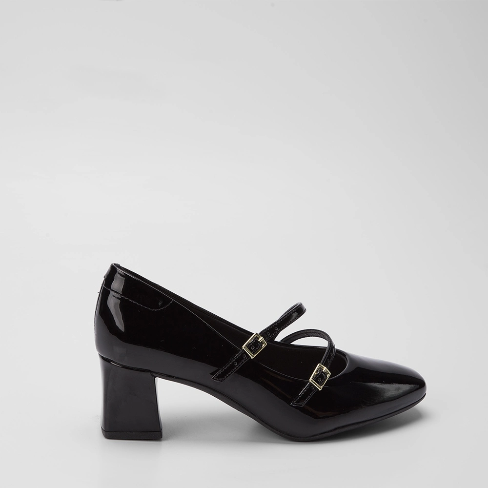 Scarpin Boneca Beira Rio Salto Grosso Fivelas Verniz Preto