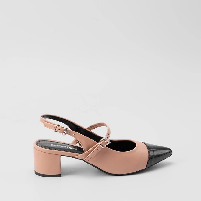 Scarpin Feminino Slingback Penélope Fivelas Recorte Verniz Preto & Nude