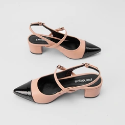 Scarpin Feminino Slingback Penélope Fivelas Recorte Verniz Preto & Nude