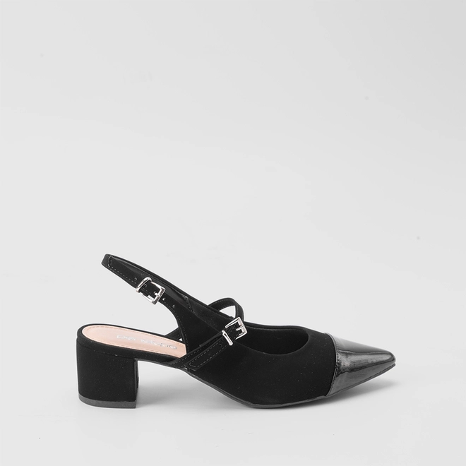 Scarpin Feminino Slingback Penélope Fivelas Recorte Verniz & Nobuck Preto