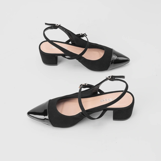 Scarpin Feminino Slingback Penélope Fivelas Recorte Verniz & Nobuck Preto