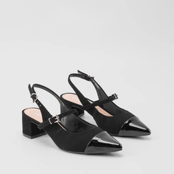 Scarpin Feminino Slingback Penélope Fivelas Recorte Verniz & Nobuck Preto