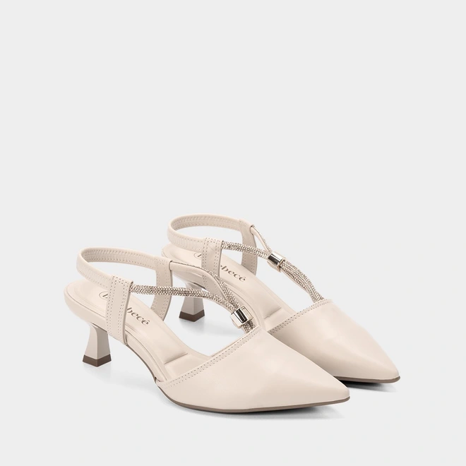 Scarpin Feminino Slingback Bebecê Tiras Strass Off White