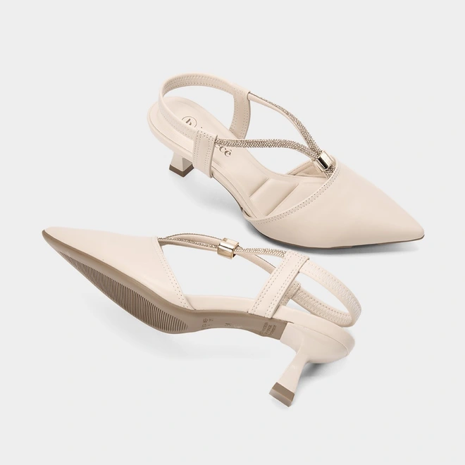 Scarpin Feminino Slingback Bebecê Tiras Strass Off White