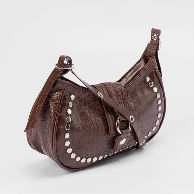 Bolsa Baguete Penélope Pequena Croco & Rebites Marrom