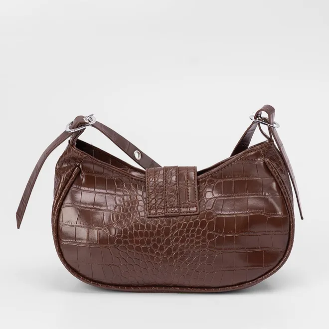 Bolsa Baguete Penélope Pequena Croco & Rebites Marrom