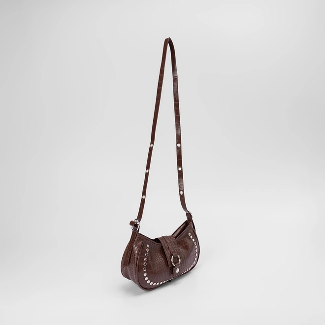 Bolsa Baguete Penélope Pequena Croco & Rebites Marrom