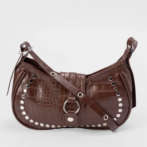 Bolsa Baguete Penélope Pequena Croco & Rebites Marrom