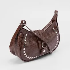 Bolsa Baguete Penélope Pequena Croco & Rebites Marrom