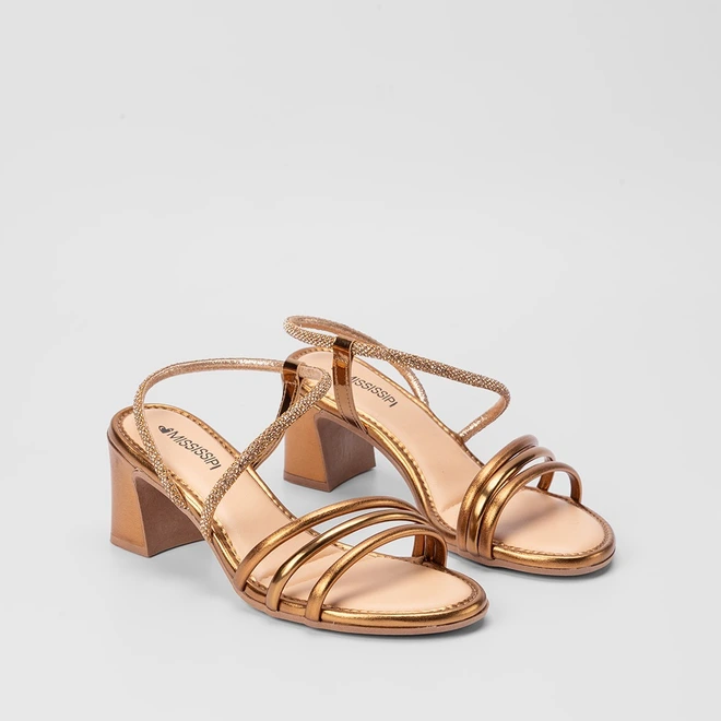Sandália Mississipi Salto Bloco Tiras Lateral Strass Ouro