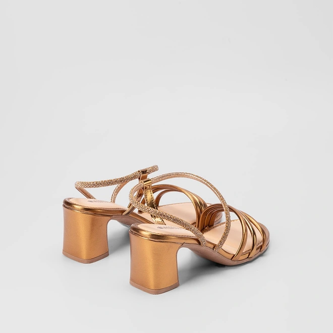 Sandália Mississipi Salto Bloco Tiras Lateral Strass Ouro