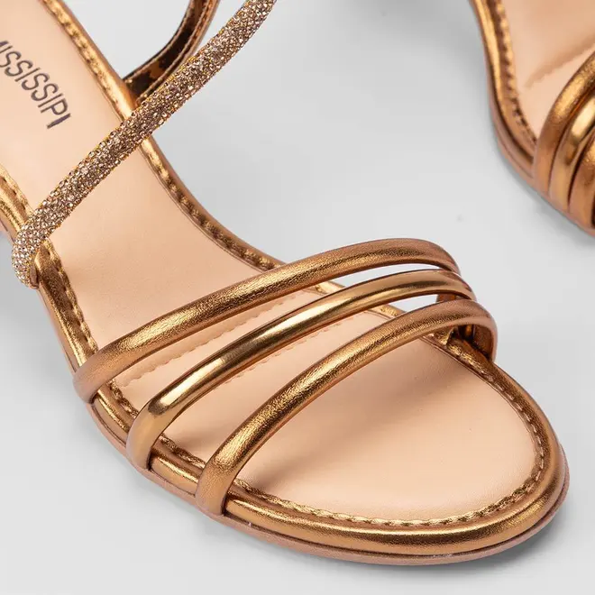 Sandália Mississipi Salto Bloco Tiras Lateral Strass Ouro