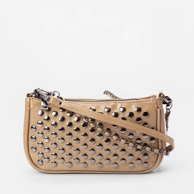 Bolsa Baguete Gabriela Pequena Tachas Bege
