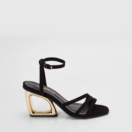 Sandália Feminina Gabriela Salto Alto Geométrico Nobuck Preto