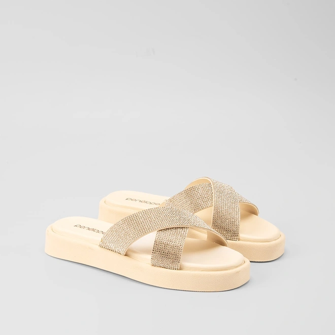 Tamanco Papete Penélope Tiras Cruzadas Strass Off White
