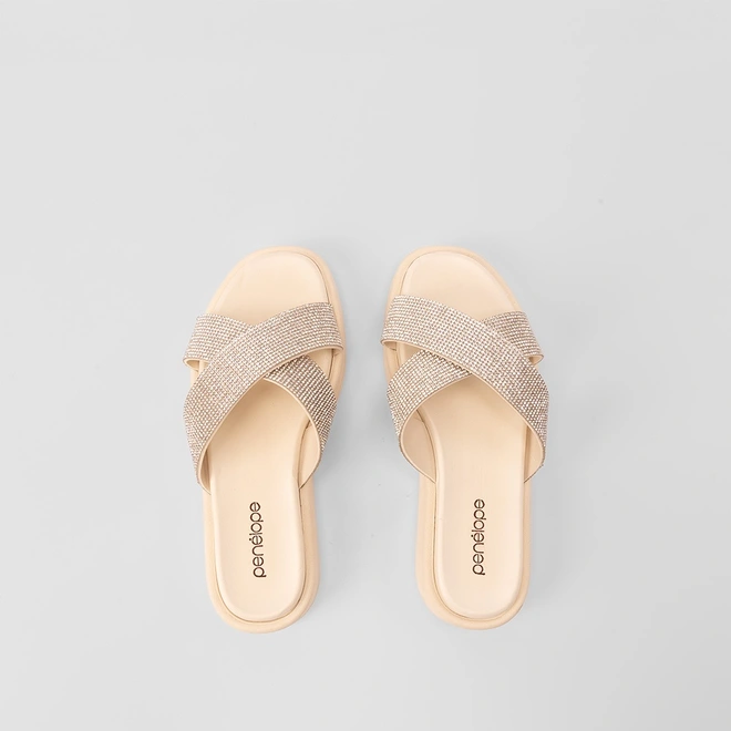 Tamanco Papete Penélope Tiras Cruzadas Strass Off White