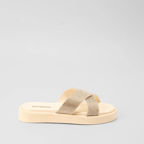 Tamanco Papete Penélope Tiras Cruzadas Strass Off White
