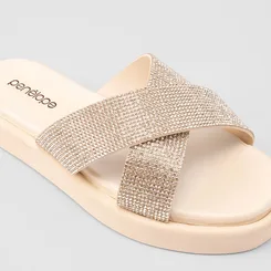 Tamanco Papete Penélope Tiras Cruzadas Strass Off White