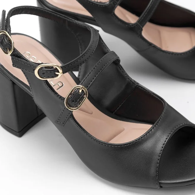 Sandália Feminina Gabriela Salto Alto Detalhe Decote & Fivela Preto