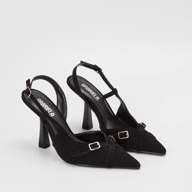 Scarpin Slinback Feminino Gabriela Detalhe Tira Cruzada Nobuck Preto
