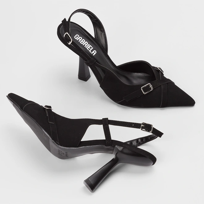 Scarpin Slinback Feminino Gabriela Detalhe Tira Cruzada Nobuck Preto