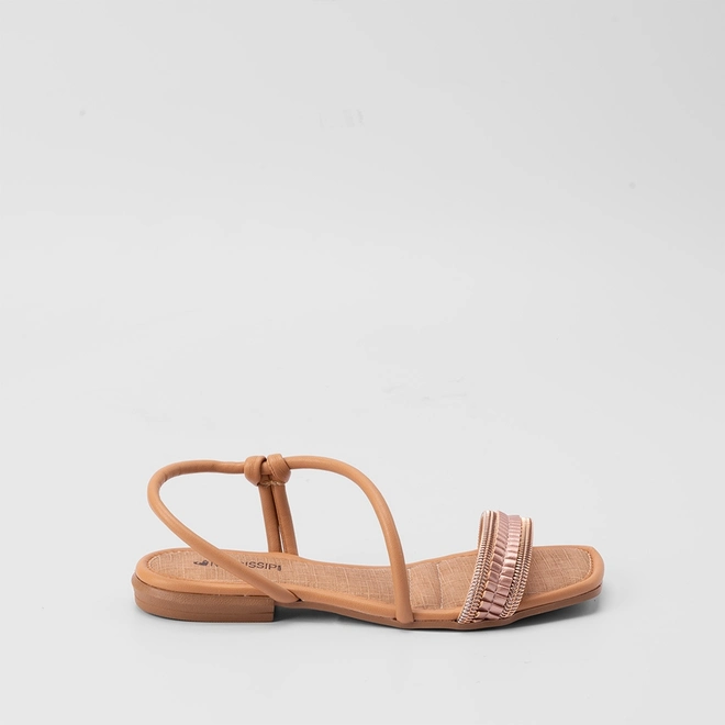 Sandália Rasteira Mississipi Tiras Estilizadas Caramelo