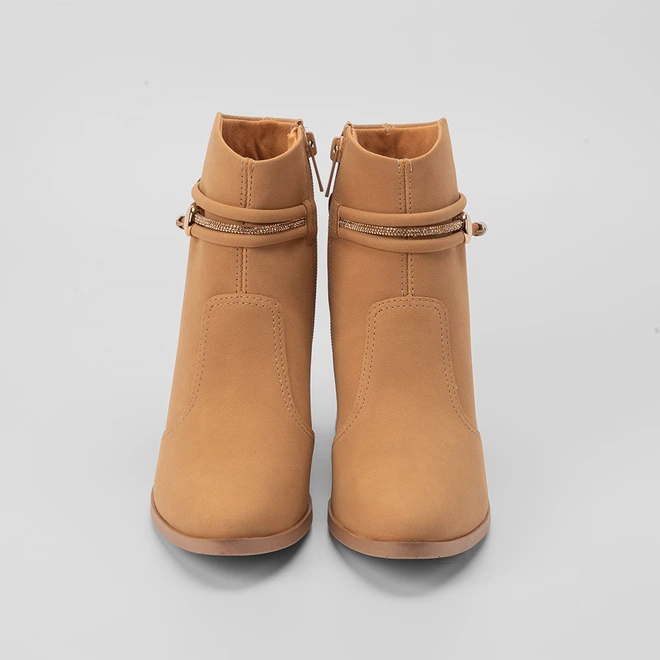 Ankle Boot Dakota Salto Grosso Detalhe Tiras Strass Nobuck Caramelo