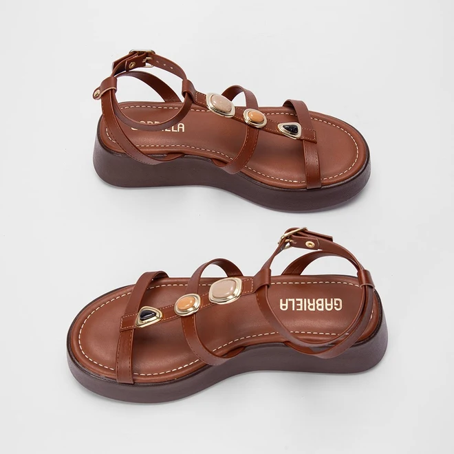 Sandália Feminina Gabriela Flatform Pedraria Caramelo