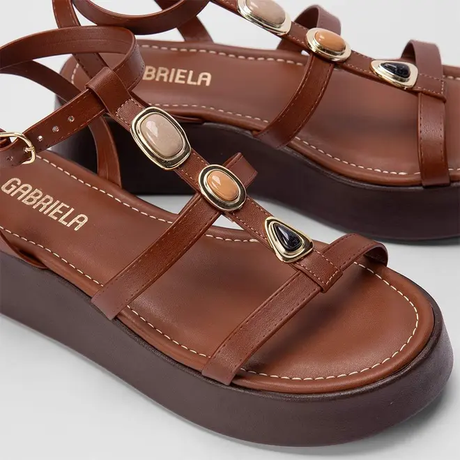 Sandália Feminina Gabriela Flatform Pedraria Caramelo