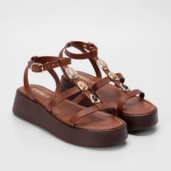 Sandália Feminina Gabriela Flatform Pedraria Caramelo