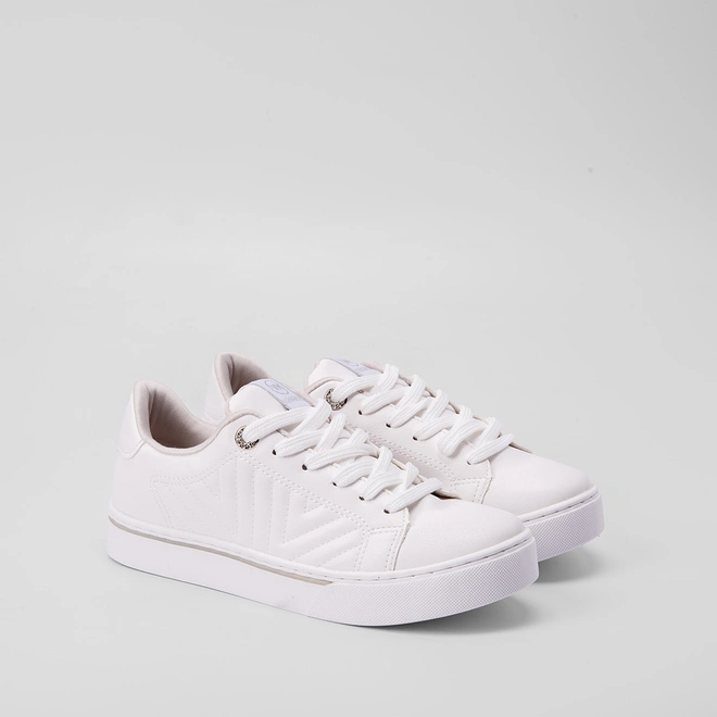 Tênis Casual Feminino Via Marte Pespontos Ilhós Strass Branco