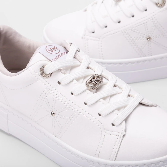 Tênis Casual Feminino Via Marte Detalhes Strass Branco