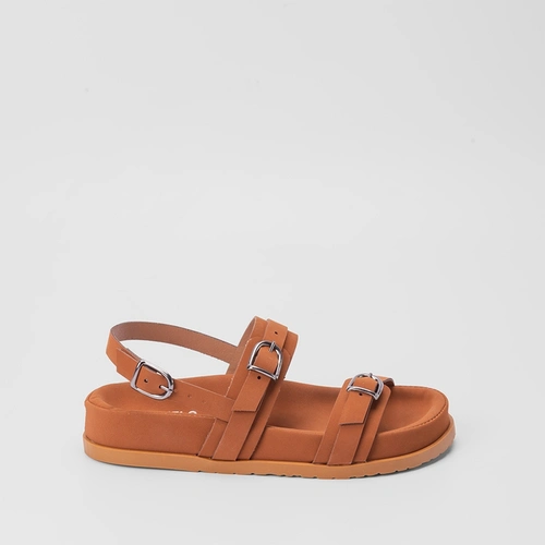 Sandália Papete Gabriela Tiras Fivela Nobuck Caramelo
