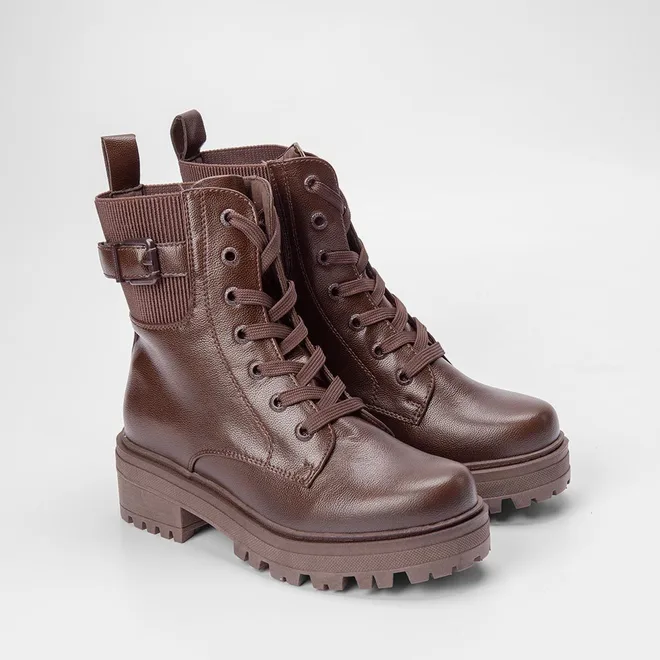 Bota Coturno Mooncity Plataforma Detalhe Elástico & Fivela Marrom
