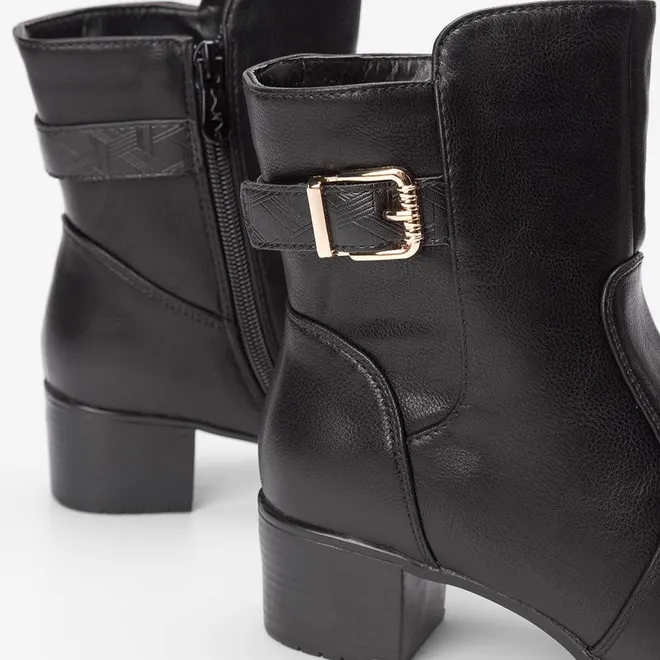Ankle Boot Mooncity Salto Bloco Fivela Dourada Preto