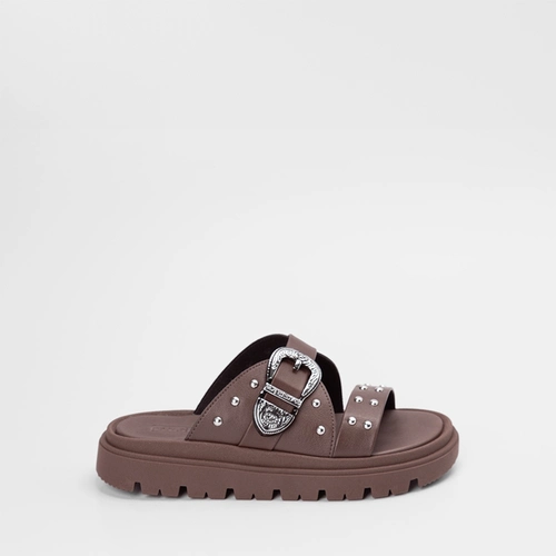 Tamanco Moleca Flatform Tratorado Tira Dupla Fivela Rebites Marrom