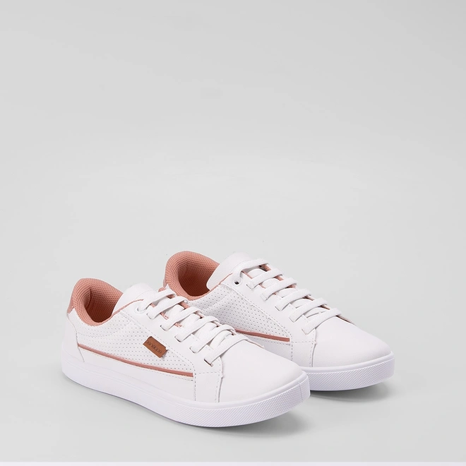 Tênis Penélope Casual Feminino Elástico Pespontos Recorte Rosa & Branco