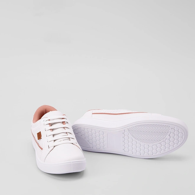 Tênis Penélope Casual Feminino Elástico Pespontos Recorte Rosa & Branco