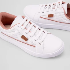 Tênis Penélope Casual Feminino Elástico Pespontos Recorte Rosa & Branco