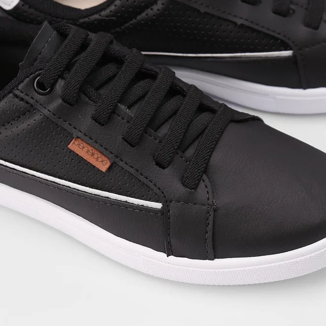 Tênis Penélope Casual Feminino Elástico Pespontos Recorte Branco & Preto