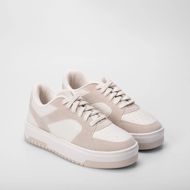 Tênis Casual Feminino Gabriela Flatform Recortes Camurça Off White