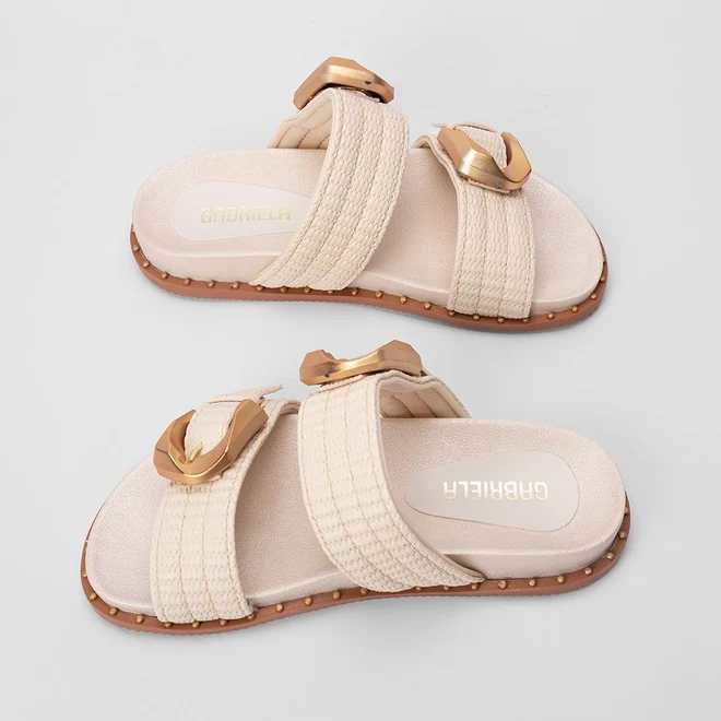 Papete Feminina Gabriela Ráfia Fivela Estilizada Dourada Off White