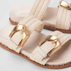 Papete Feminina Gabriela Ráfia Fivela Estilizada Dourada Off White