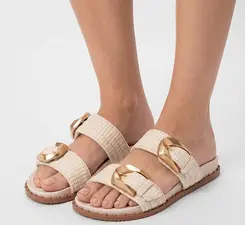 Papete Feminina Gabriela Ráfia Fivela Estilizada Dourada Off White