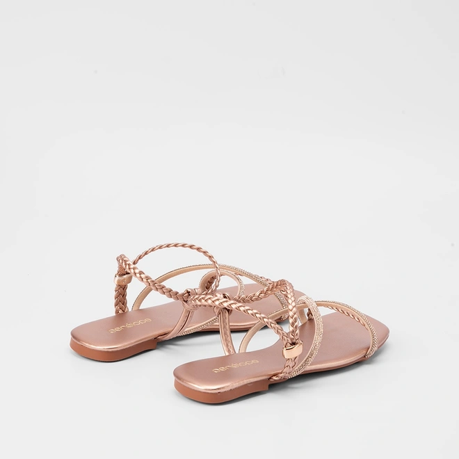 Sandália Rasteira Penélope Tiras Tressê & Strass Metalizado Rose Gold